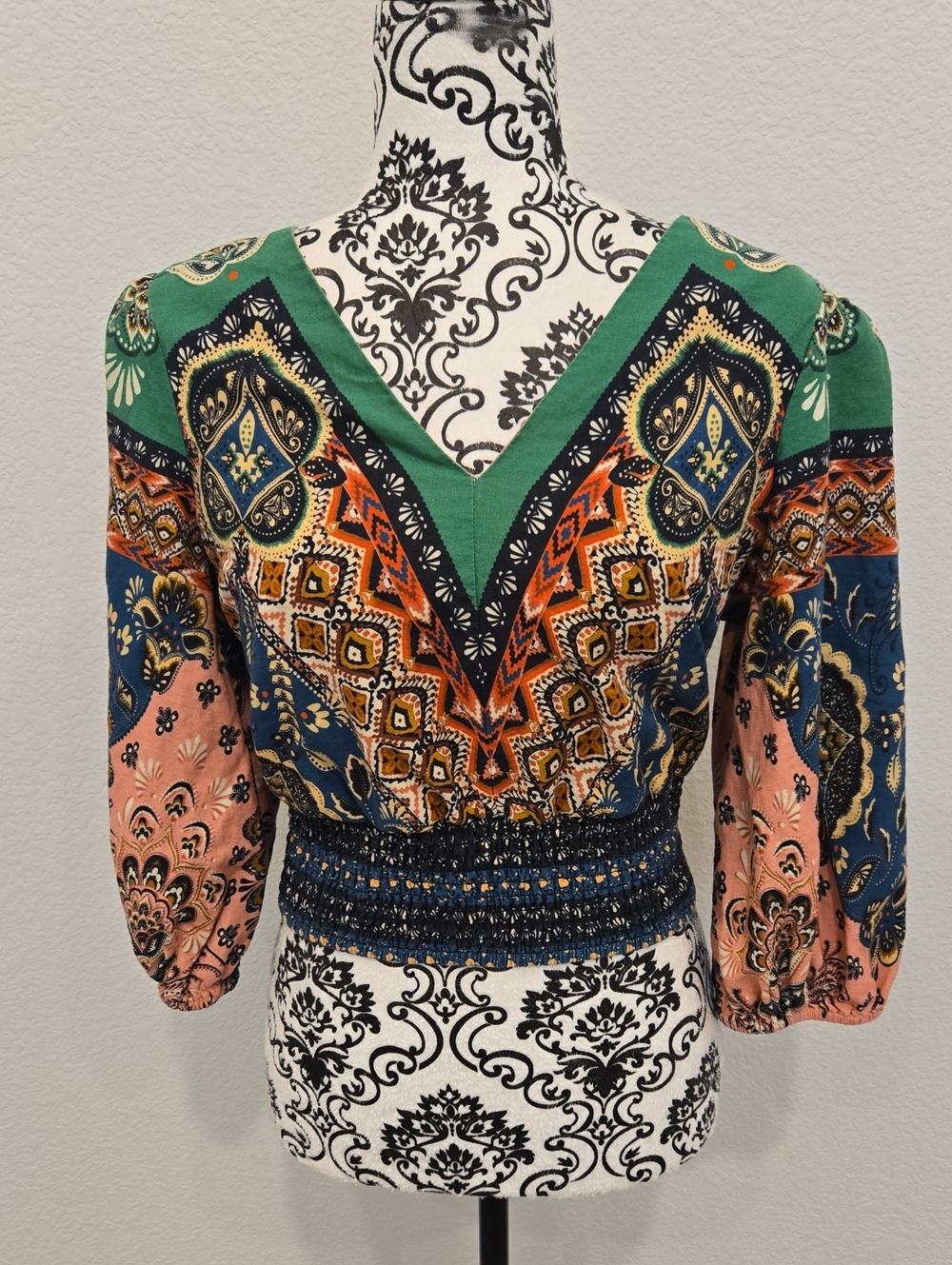 Boho V-Neck Smocked Waist Blouse in Green, Navy & Coral
